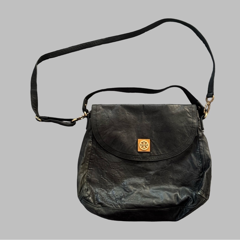 TORY BURCH Distressed Black Leather Crossbody Bag